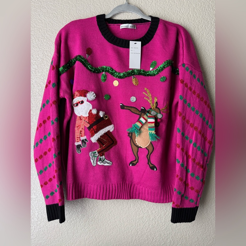 Rafiana Pink Sequin Santa & Reindeer Christmas Sweater – Size L – NWT